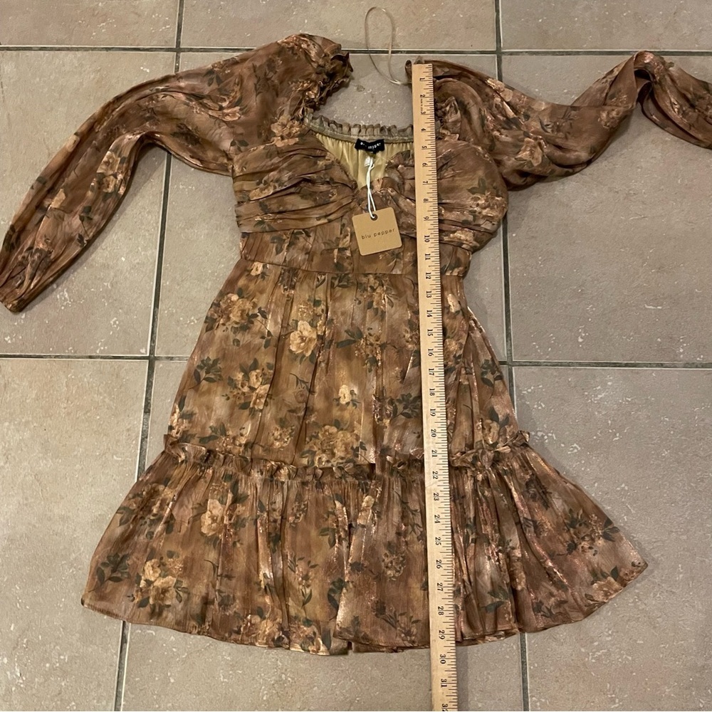 NEW Blu Pepper Sweetheart Neck Brown Watercolor Floral Ruffle Hem Dress Size S - Picture 8 of 8